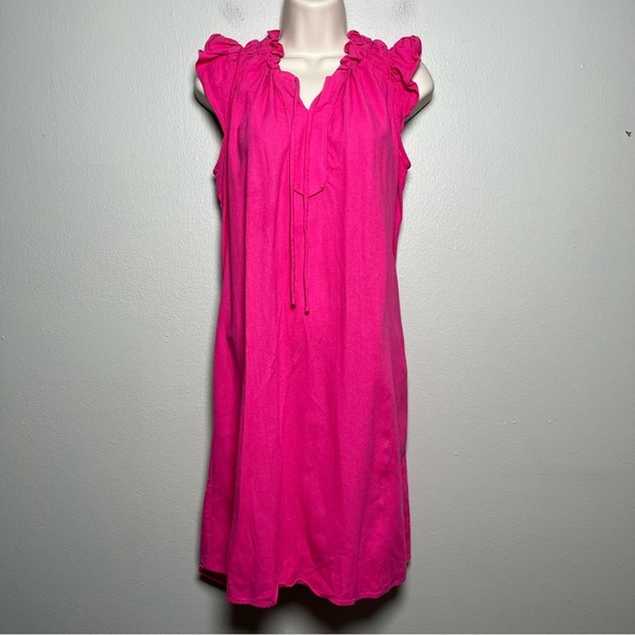 Robbie Bee Women Linen Dress Large Hot‎ Pink Shift Split Neck Coastal Preppy - Picture 1 of 10
